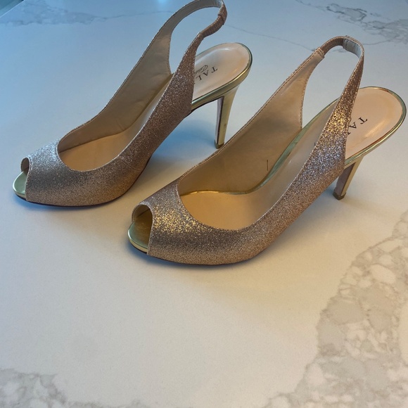Fine Gold Glitter Slingback Heels, Almost New - Picture 2 of 4